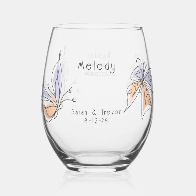 Simple Whimsical Butterfly Coral and Violet Stemless Wine Glass (Front)
