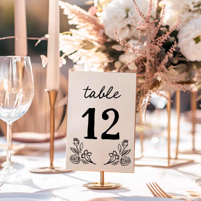 Simple Whimsical Floral Wedding Table Number Card (Hand Drawn Floral Wedding Table Number)