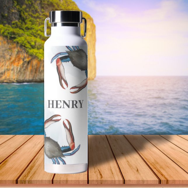 Simple Whimsical Nautical Ocean Blue Crab  Water Bottle (Creator Uploaded)