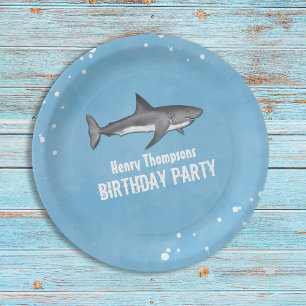 Simple Whimsical Pool Party Sharks Blue Ocean Paper Plate