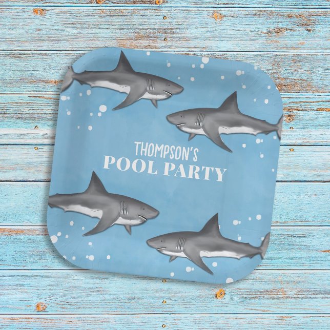 Simple Whimsical Pool Party Sharks Blue Ocean Paper Plate (Creator Uploaded)