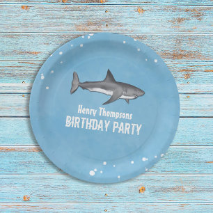 Simple Whimsical Pool Party Sharks Blue Ocean  Paper Plate