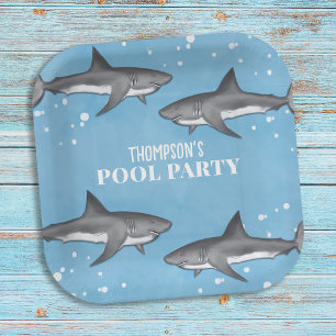 Simple Whimsical Pool Party Sharks Blue Ocean Paper Plate