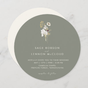 Simple Whimsical Wildflower   Sage Green Circle Invitation