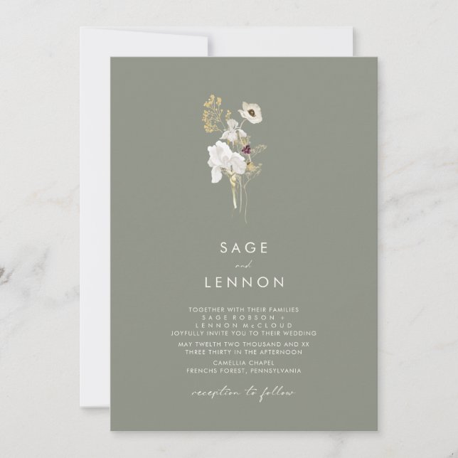 Simple Whimsical Wildflower | Sage Green Wedding Invitation (Front)