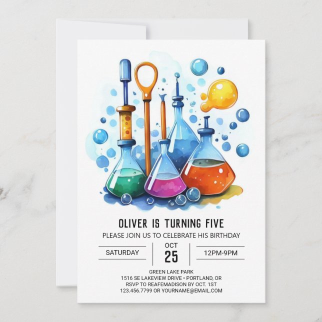 Simple Whimsy Flask Experiment Scientist Birthday Invitation (Front)