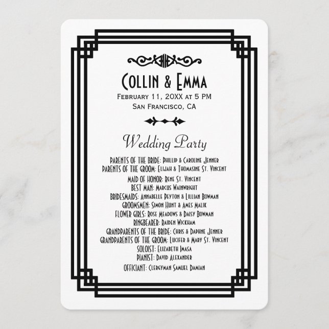 Simple White and Black Art Deco Wedding Programs Programme (Front)