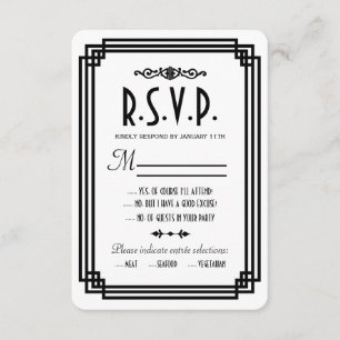 Simple White and Black Art Deco Wedding RSVP Cards