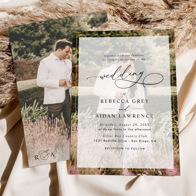 Simple White and Black Gold Border Photo Wedding Invitation (Creator Uploaded)
