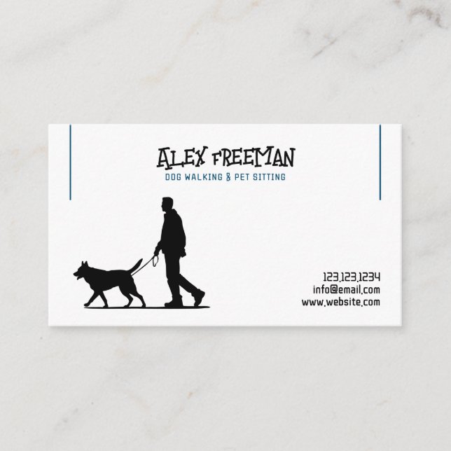 Simple White and Blue Dog Walker Silhouette Business Card (Front)