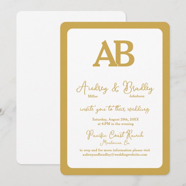 Simple White and Gold 2 Letter Monogram Wedding Invitation (Front/Back)