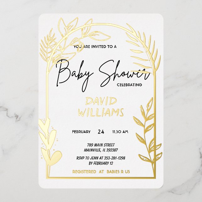 Simple White and Gold Baby Shower Foil Invitation (Front)
