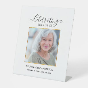 Simple White and Gold Celebration of Life Pedestal Sign