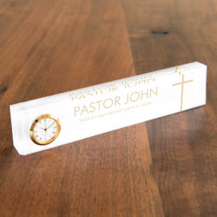 Simple White and Gold Cross with Name and Quote Nameplate