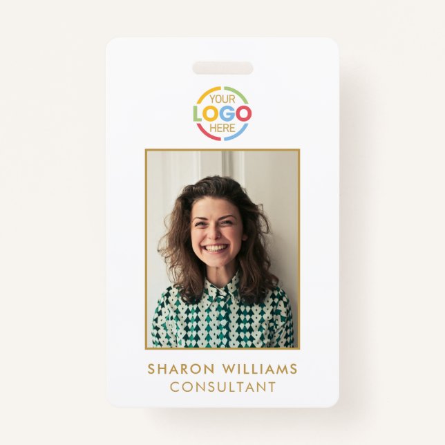 Simple White and Gold Minimalist Employee Photo ID ID Badge (Front)