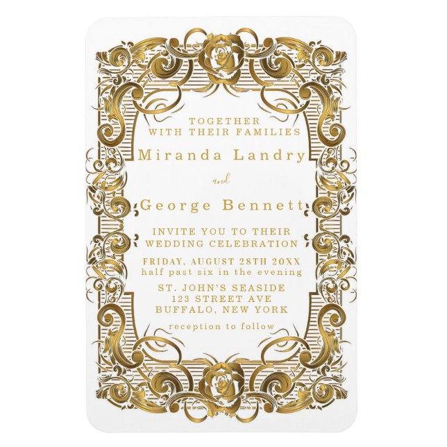 Simple White and Gold Ornament Wedding Invitation Magnet (Vertical)