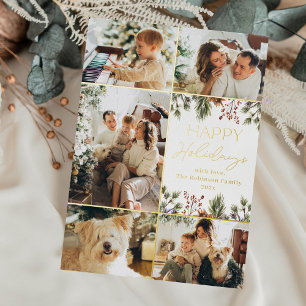 Simple White and Gold Photo Happy Holidays Card