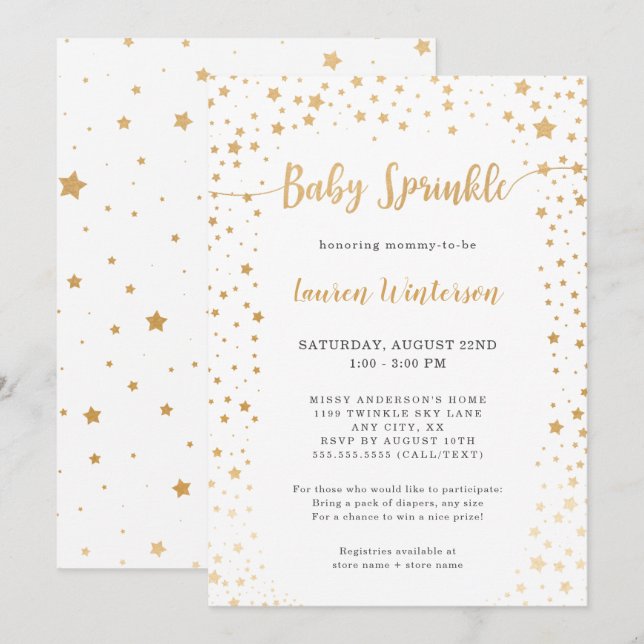 Simple White and Gold Star Baby Sprinkle Invitation (Front/Back)