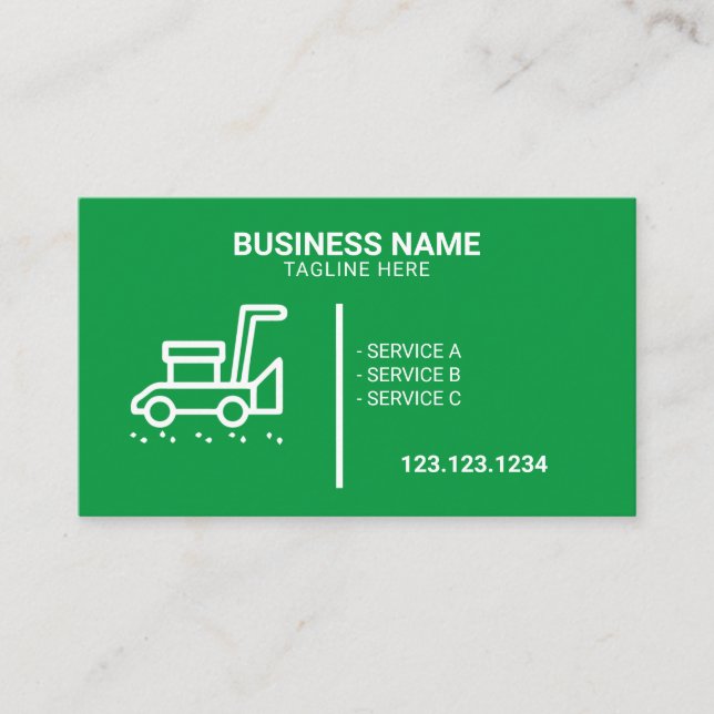 Simple White and Green Lawnmower Lawn Service Business Card (Front)