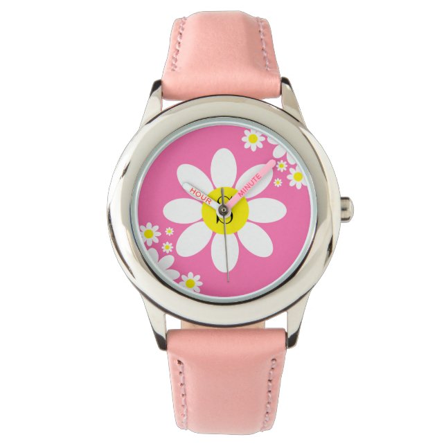 Simple White and Hot Pink Daisy design Initial Watch (Front)