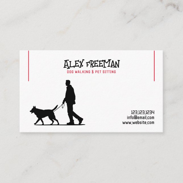 Simple White and Red Dog Walker Silhouette Business Card (Front)