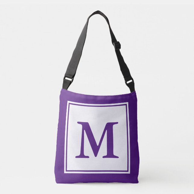 Simple White and Royal Purple Monogram Template Crossbody Bag (Front)