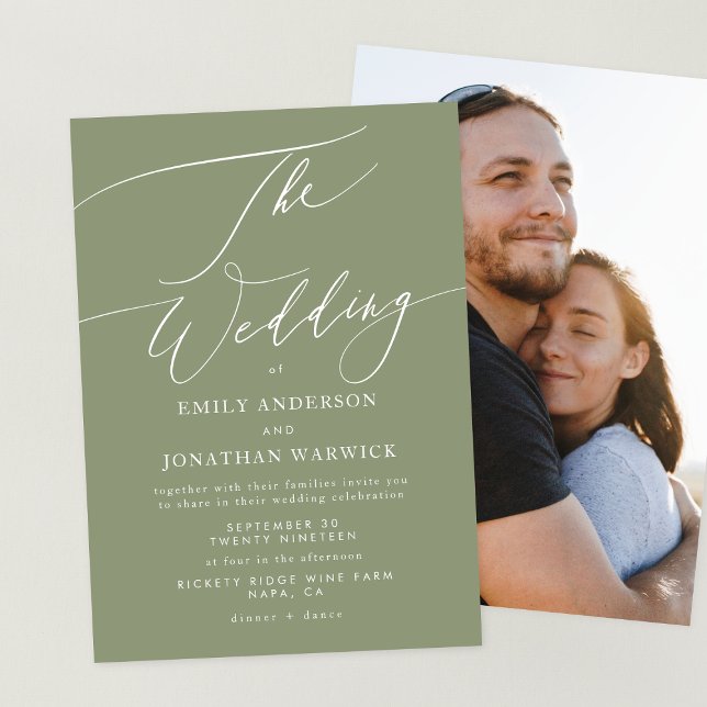 Simple White and Sage Green Photo Back Wedding Invitation (Creator Uploaded)
