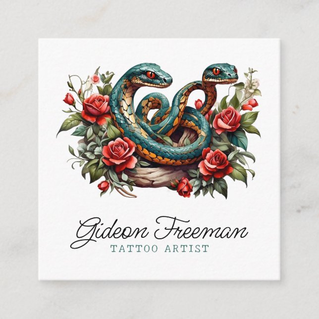 Simple White and Teal Snakes Tattoo Artist Square Business Card (Front)
