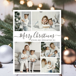 Simple White Black 5 Photo Collage Christmas Holiday Card