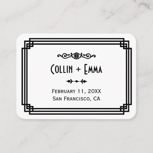 Simple White & Black Art Deco Wedding Place Cards (Front)