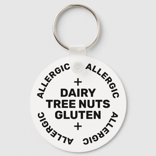 Simple White Black Emergency Contact Allergen Key Ring (Front)
