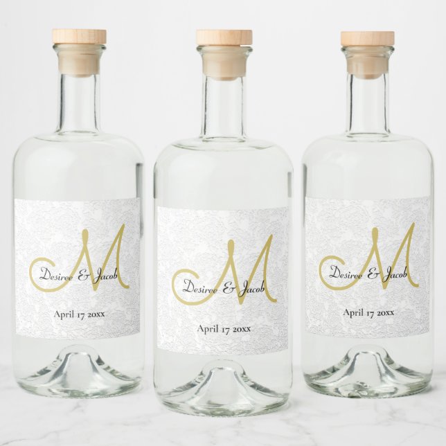 Simple White Black Gold Elegant Wedding Monogram Liquor Bottle Label (Bottles)