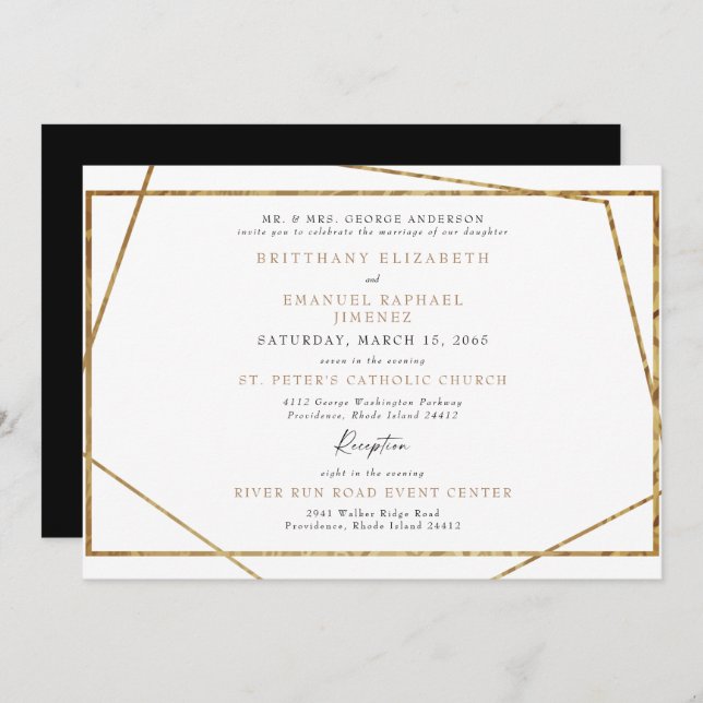 Simple White Black & Gold Geometric Wedding Invitation (Front/Back)