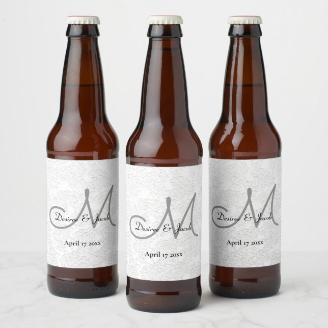 Simple White Black Grey Elegant Wedding Monogram Beer Bottle Label (Bottles)