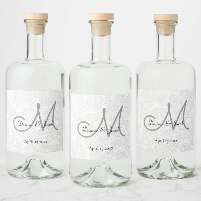 Simple White Black Grey Elegant Wedding Monogram Liquor Bottle Label (Bottles)