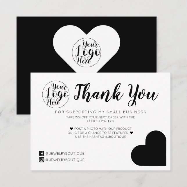 Simple White Black Heart Logo Customer Thank You Card (Front/Back)
