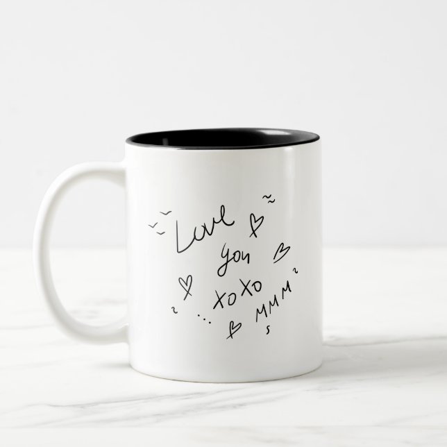 Simple White Black Love You xoxo Hearts Tiny Cute Two-Tone Coffee Mug (Left)