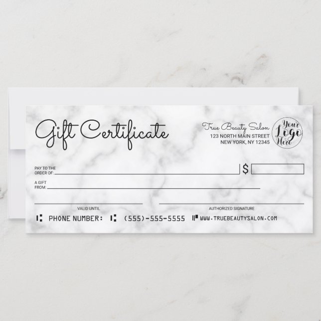 Simple White Black Marble Check Gift Certificate (Front)