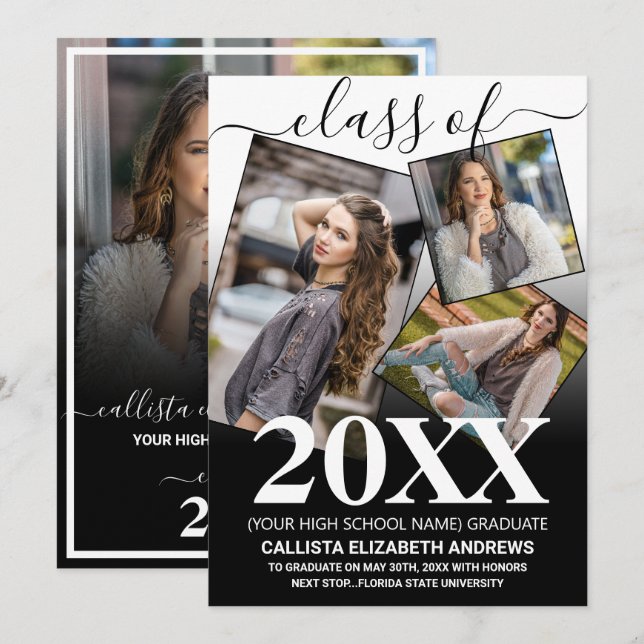 Simple White Black Ombre Graduation Photo Collage Announcement (Front/Back)