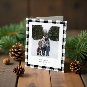 Simple WHITE Black Plaid Border 3 Photos Christmas Holiday Card