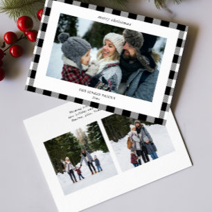 Simple White Black Plaid Border 3 Photos Christmas Holiday Card