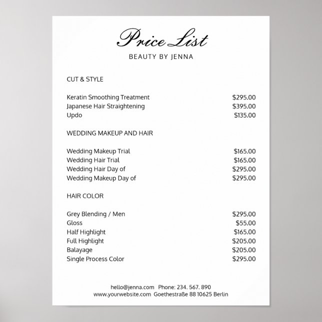 Simple White Black price lists Poster (Front)