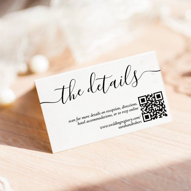 Simple White & Black Script Wedding Details Enclosure Card (Simple Black and White Script QR Code Wedding Details Enclosure Card)