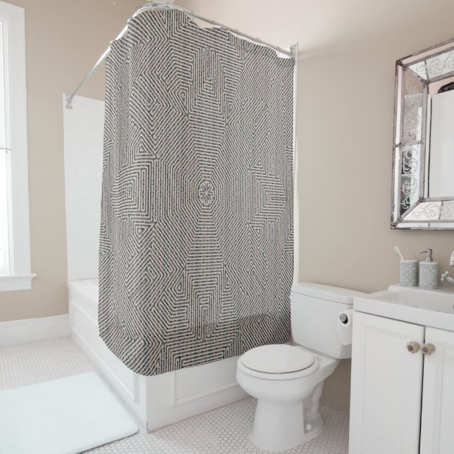 Simple white bohemian-styled design shower curtain (In Situ)