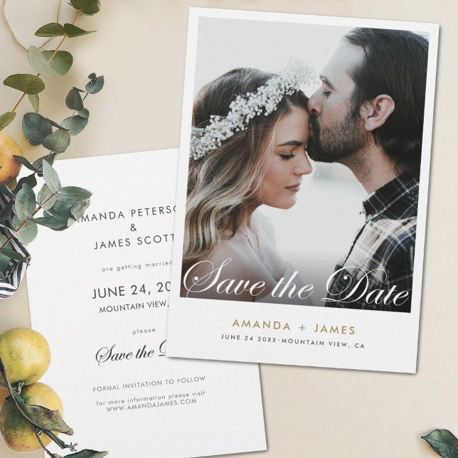 Simple White Border Elegant Script Photo Custom Save The Date (Creator Uploaded)