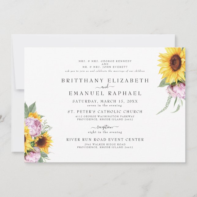 Simple White Both Parents Sunflower Wedding Invitation (Front)