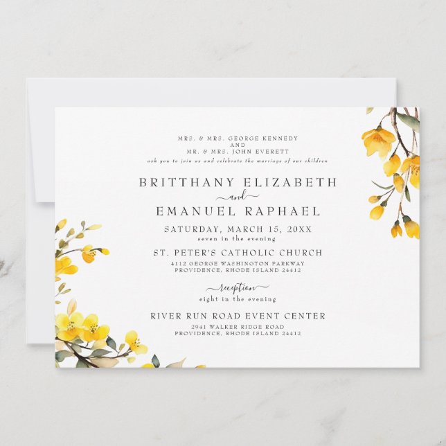 Simple White Both Parents Yellow Floral Wedding  Invitation (Front)
