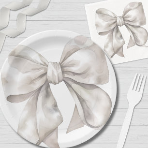 Simple White Bow Baby Shower Paper Plate