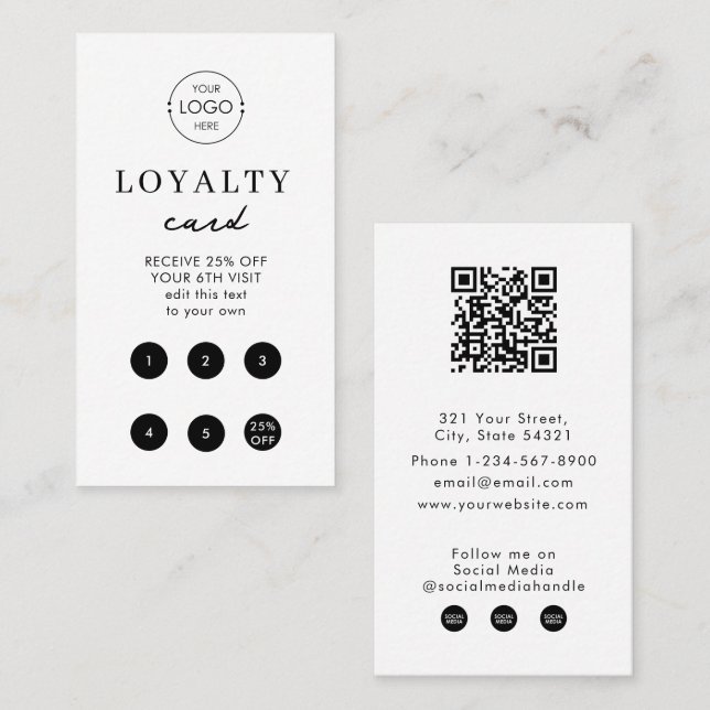 Simple White Business Logo QR Code Loyalty  Business Card (Front/Back)