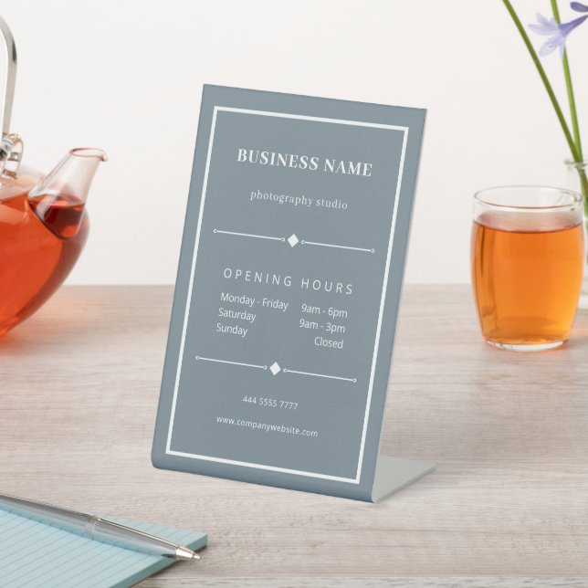 Simple White Business Office Opening Hours Blue Pedestal Sign (In SItu)